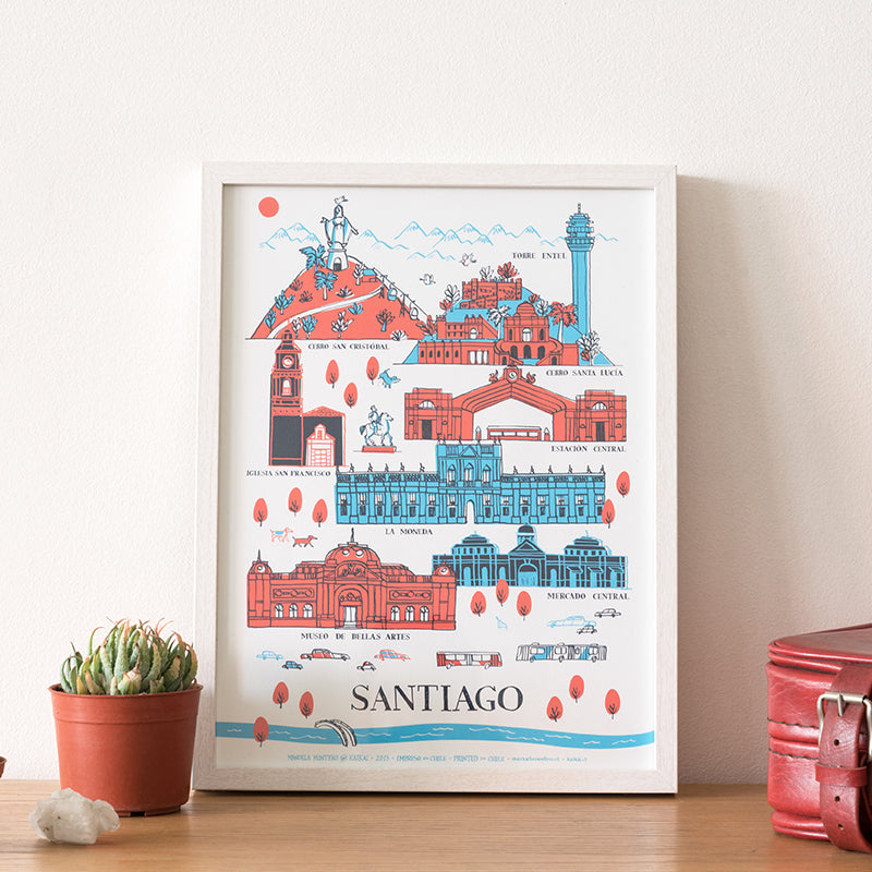 Afiche Santiago Patrimonial rojo azul 30 x 40