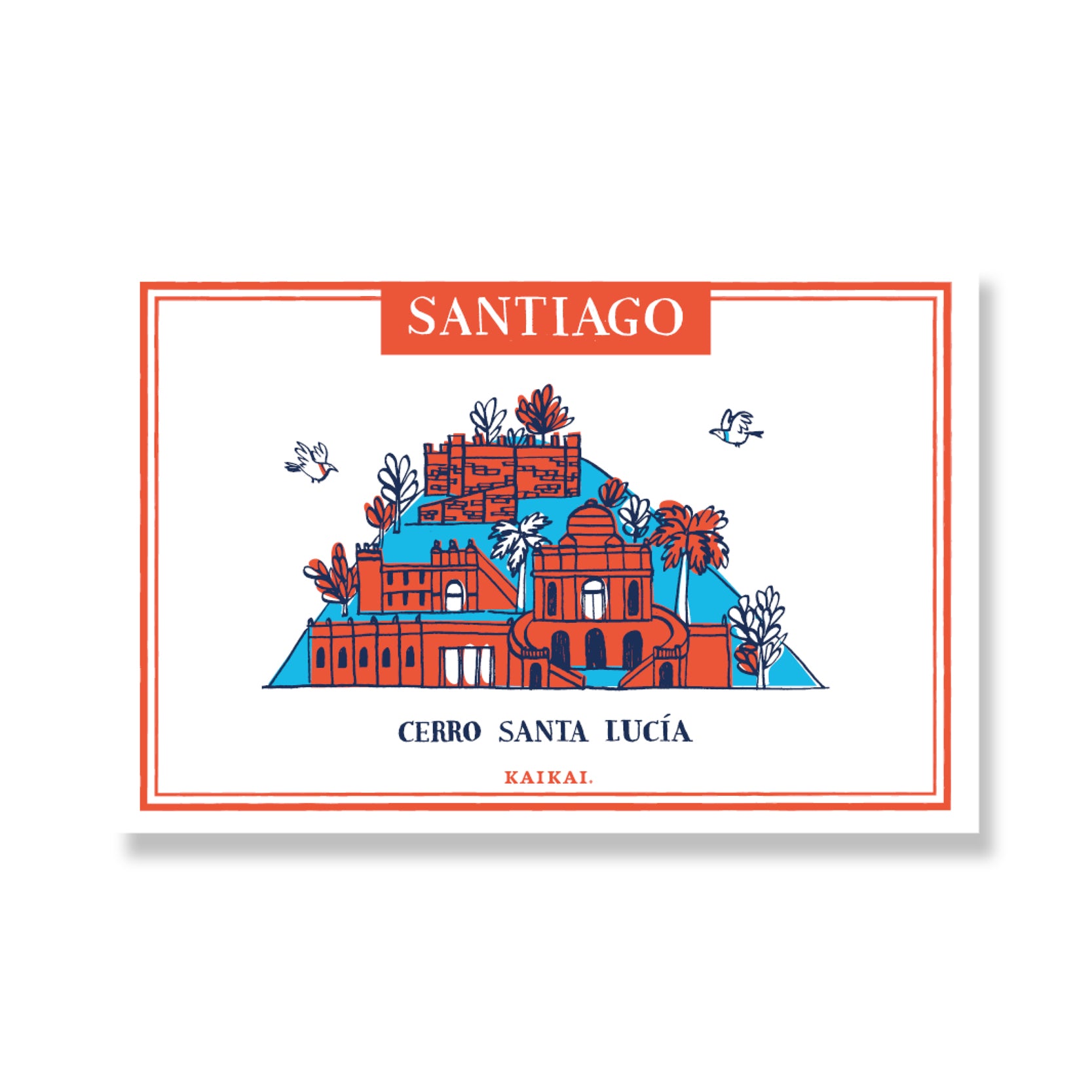 postal Santiago patrimonial hitos cultura cerro san Cristobal cerro santa lucia bellas artes palacio la moneda mercado central decoración ilustracion
