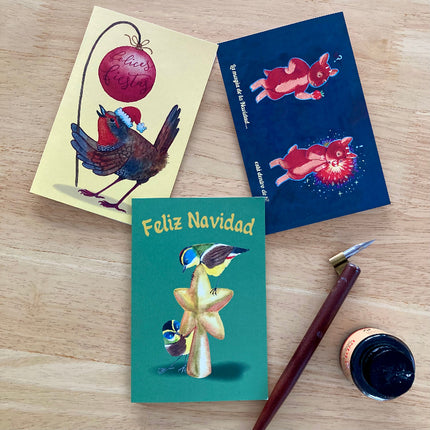 tarjeta navideña greeting card navidad carta tarjetón christmas card fauna animales nativa chilena pudú sietecolores chucao animal chileno chile felicidades año nuevo pascua
