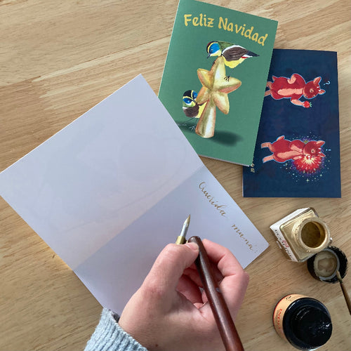 tarjeta navideña greeting card navidad carta tarjetón christmas card fauna animales nativa chilena pudú sietecolores chucao animal chileno chile felicidades año nuevo pascua