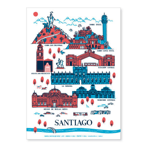 Afiche Santiago Patrimonial rojo azul 30 x 40