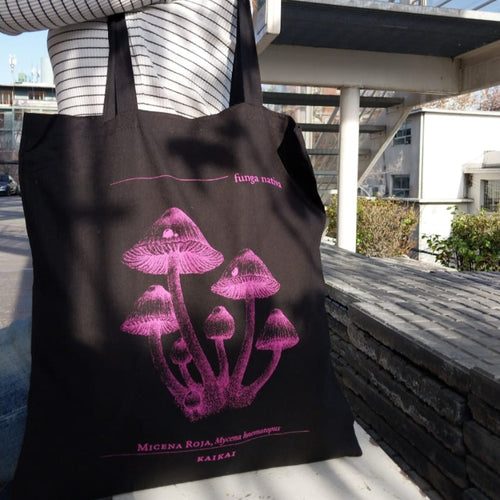 bolsa algodon tote bag hongo funfa micena fungi regalo decoracion souvenir negro fucsia fluor neon chile nativo
