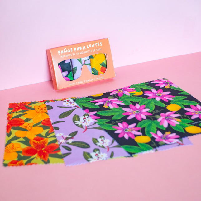 Paños de microfibra para lentes y anteojos de sol La Otra Romi de aves y flores chilenas, inspirados en la flora y fauna nativa, set de 3 limpialentes pañitos limpiadores 