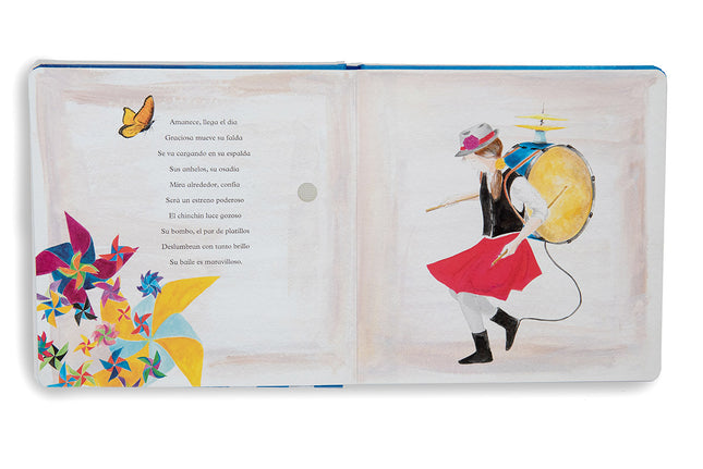 libro album sonoro chinchinera niña organillero arte callejero tambor platillo libro de sonidos