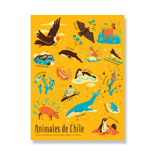 Afiche ilustrado de animales de chile