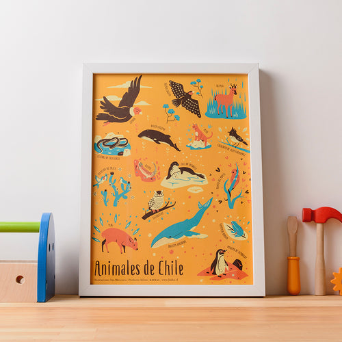 Afiche ilustrado de animales de chile poster fauna decoracion