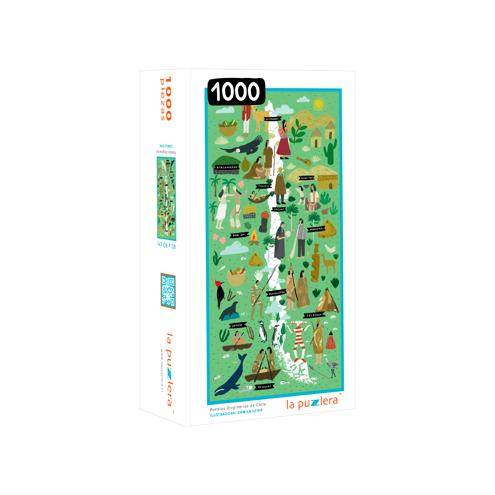 puzzle de mil piezas mapa pueblos originarios chilenos, hitos culturales naturaleza ilustrada, para regalo o souvenir
