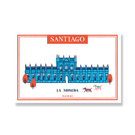 postal Santiago patrimonial hitos cultura cerro san Cristobal cerro santa lucia bellas artes palacio la moneda mercado central decoración ilustracion