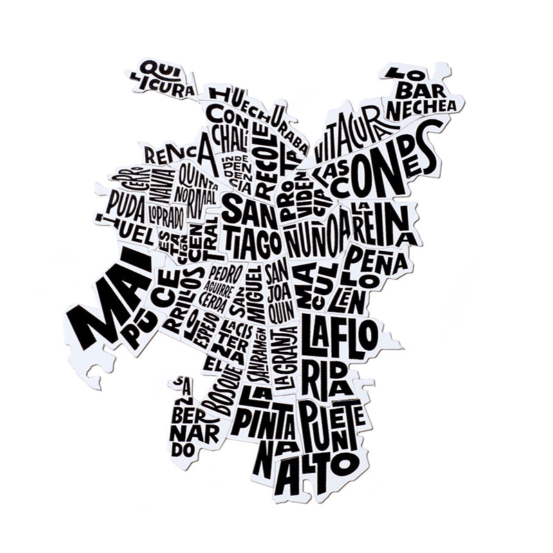 Puzzle magnético de Santiago de Chile tipográfico en comunas, por Territorios Tipograficos. Cada ficha es una comuna de Santiago metropolitanoRompecabezas de 34 piezas en blanco y negro
