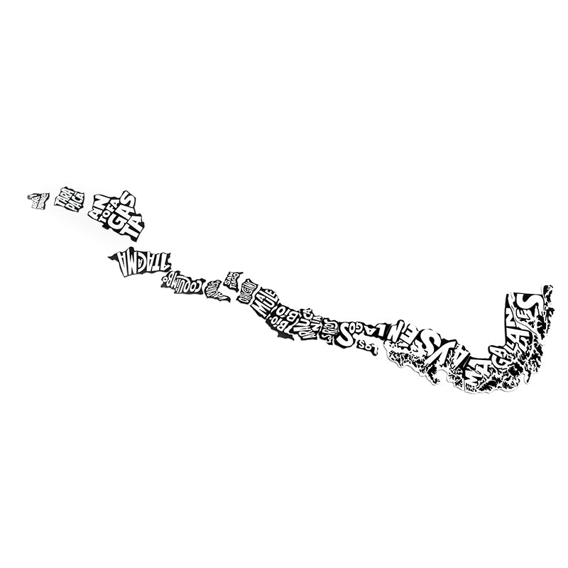 Puzzle magnético de Chile tipográfico en regiones, por Territorios Tipograficos. Cada ficha es una región de Chile continental. Rompecabezas de 18 piezas en blanco y negro, para regalo o souvenir
